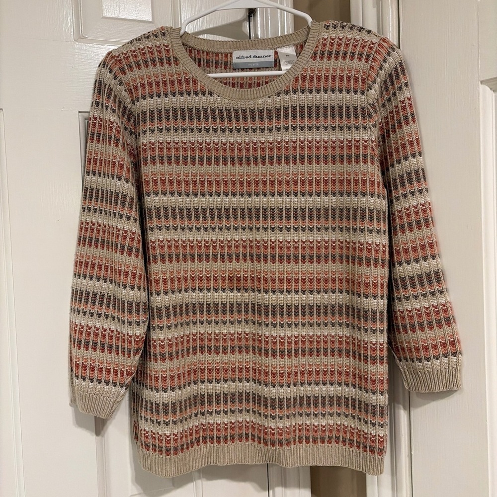 Alfred Dunner Womens Petite Medium PM Striped Knit Sweater Tan Multi Acrylic